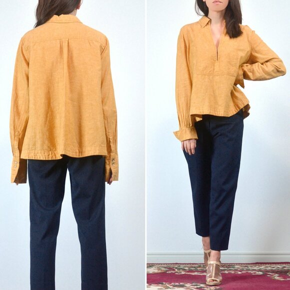 Free People Yellow Long Sleeve Collared Blouse, V-neck Linen Cotton Loose Top - Picture 4 of 8
